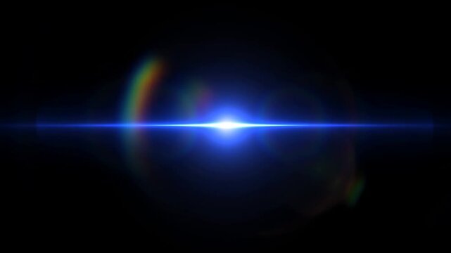 Static shot of horizontal lens flare pulsing and shifting with concentric glow rings across black background in cinematic light animation