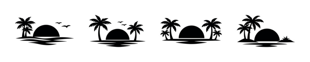 Tropical island silhouettes with palm trees and ocean sunset scenes © UnIcons