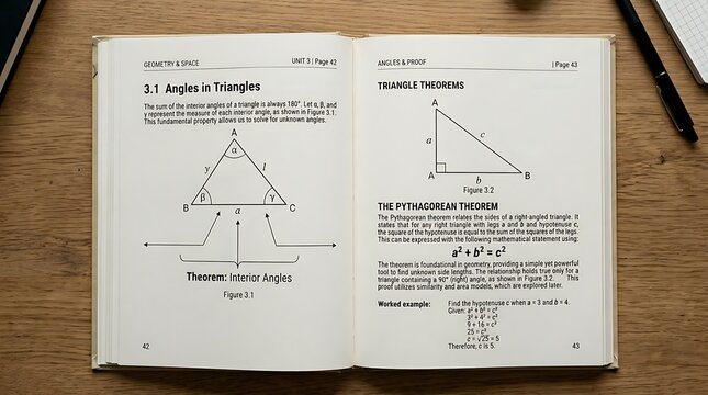Open textbook page showing geometry lessons on triangle angles and the Pythagorean theorem with diagrams and worked examples back to school time.