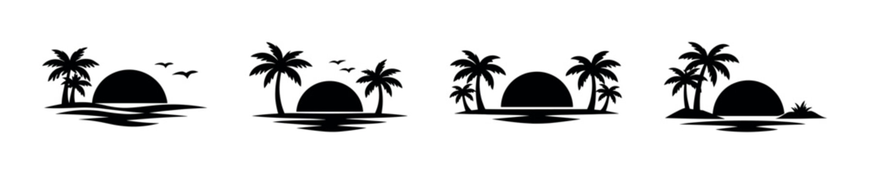 Tropical island silhouettes with palm trees and ocean sunset scenes