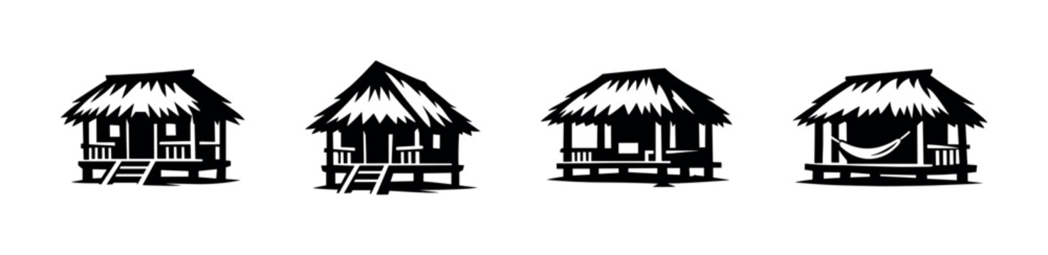 Collection of tropical huts with thatched roofs and stilts, some with hammocks