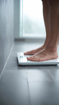 Health monitoring concept, elderly person using a digital scale in a clean bathroom, Generative AI illustrations.
