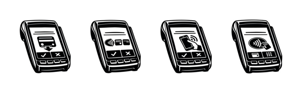 Contactless payment terminals showing different transaction options and icons