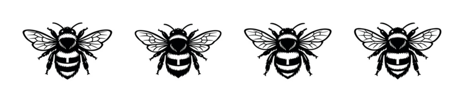 Four black and white stylized bumblebees in a row on a white background