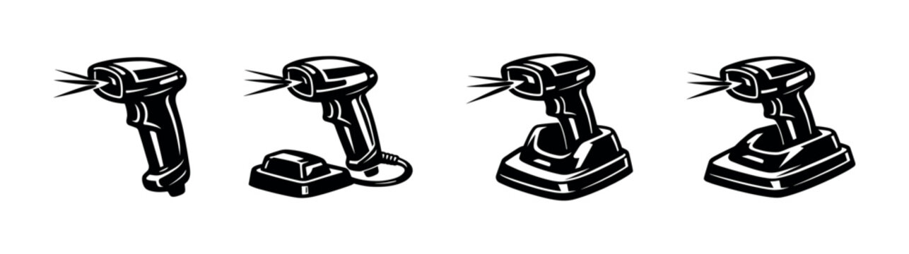 Set of four barcode scanners in different poses and with stands