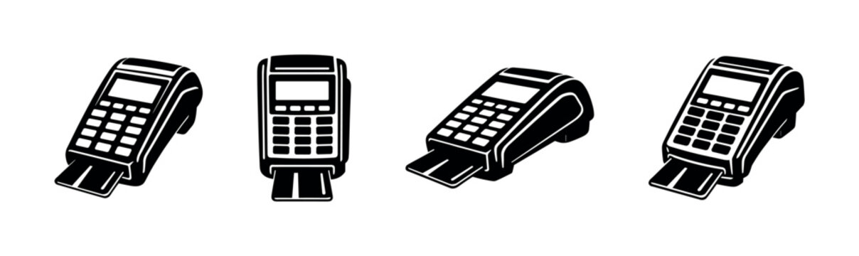 Set of payment terminals with credit cards inserted, shown from different angles