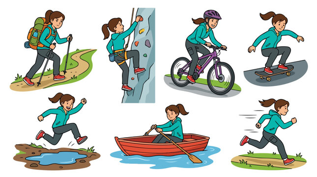 Vector Character Set of Active Woman Hiking Climbing Biking Rowing and Running Outdoors Isolated on White