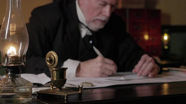 Focus on oil lamp of 19th century man writing with a dip pen