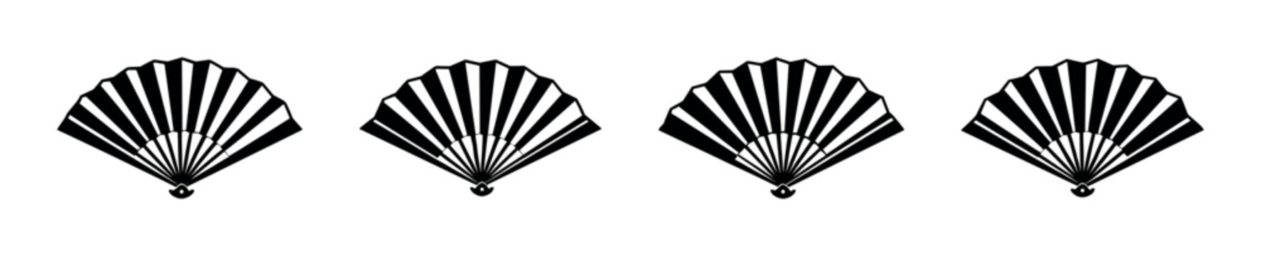 Four black and white folding fans arranged in a row on a white background