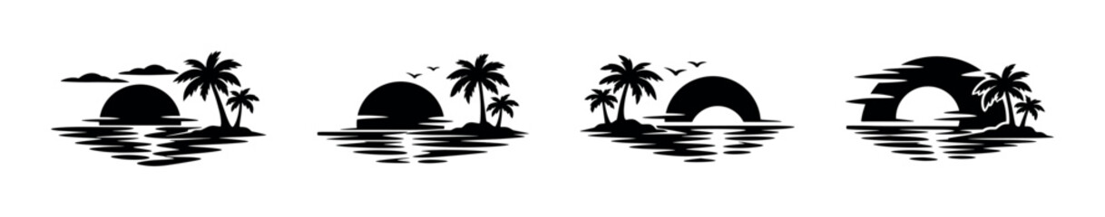 Tropical island sunset silhouettes with palm trees and ocean waves © UnIcons