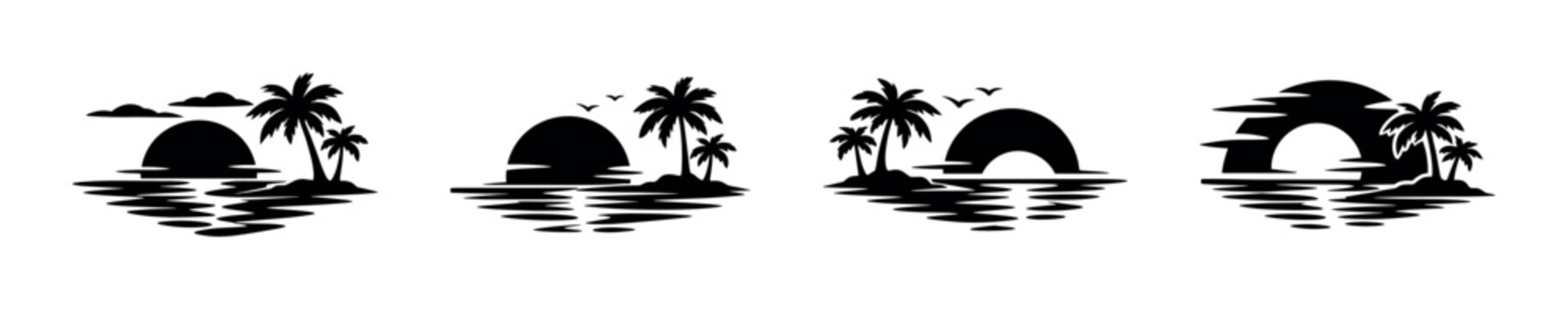 Tropical island sunset silhouettes with palm trees and ocean waves