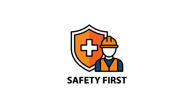 Construction worker safety first icon with hard hat and shield