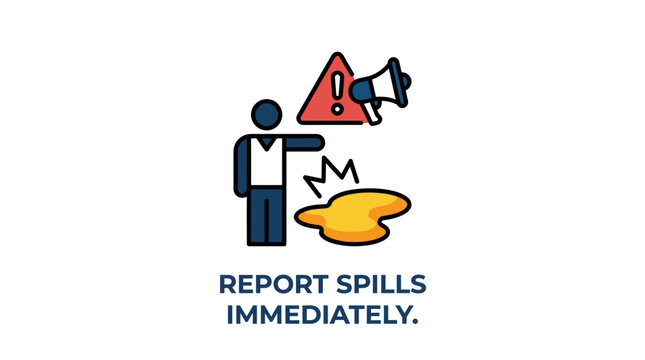 Workplace safety icon illustrating the need to report spills immediately with warning