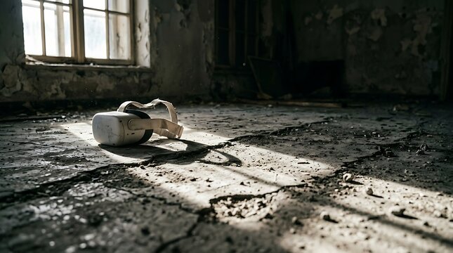 Abandoned VR headset in a dilapidated room with cracked floor and broken windows