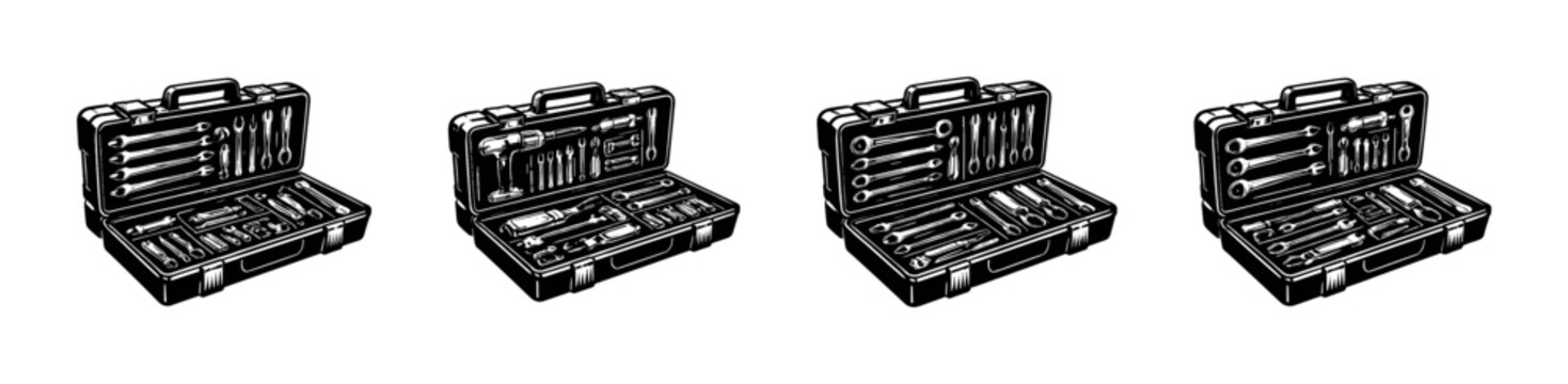 Set of four open toolboxes filled with various wrenches and tools