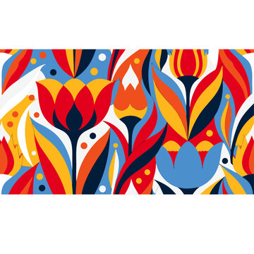 Abstract geometric tulip pattern featuring bold primary colors and modern graphic shapes in a vibrant vector floral design
