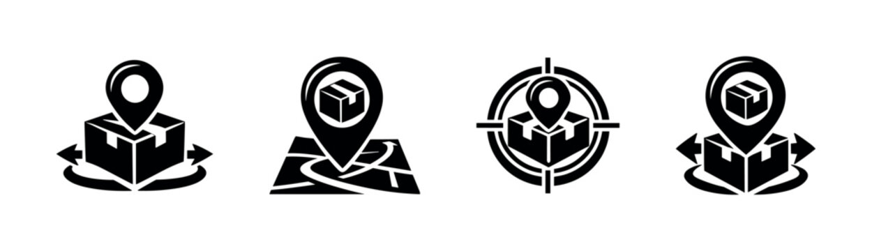 Package tracking icons showing location, delivery, and navigation for logistics