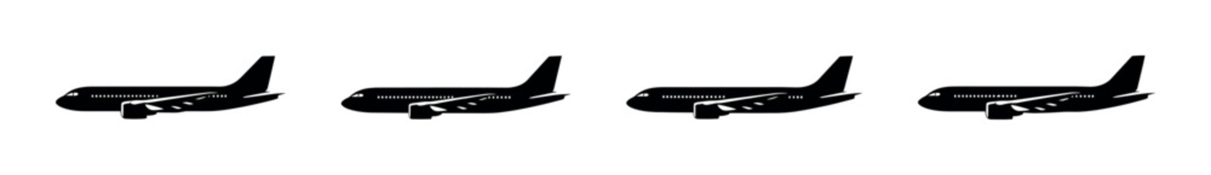 Four identical black airplane silhouettes lined up against a white background