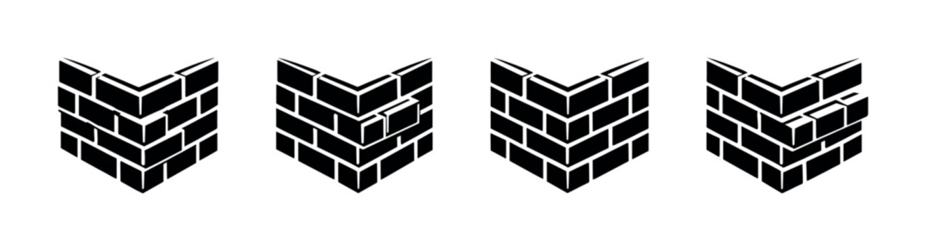 Set of four black and white isometric brick wall corner icons