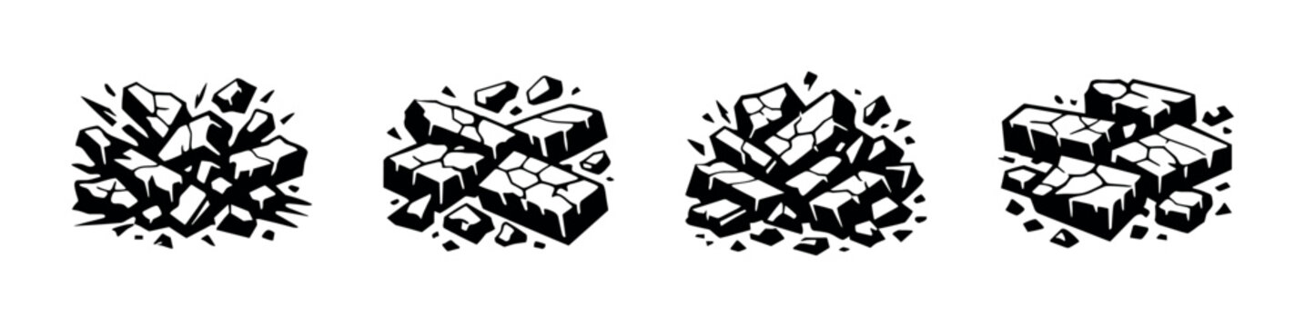 Collection of stylized rock piles and debris in black and white illustration