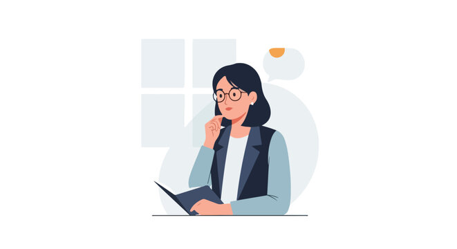 A professional woman with glasses and dark hair looks away thoughtfully while holding a notebook in a modern flat vector illustration.