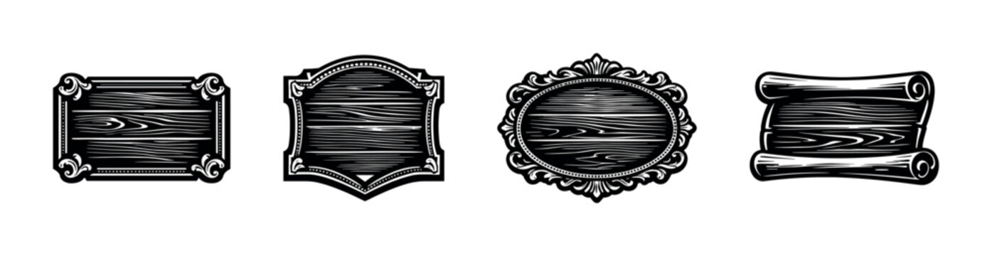 Collection of vintage wooden signs and scrolls with ornate borders
