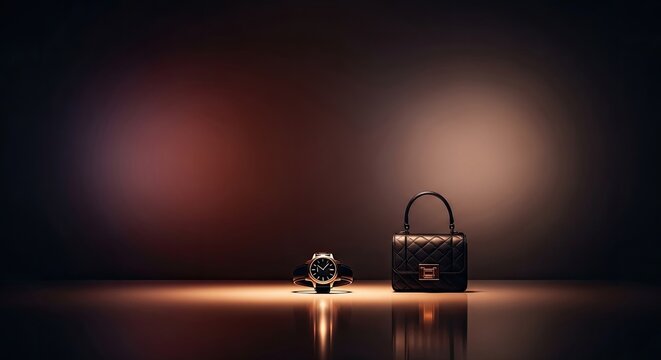 Luxury handbag and watch on dark studio surface.