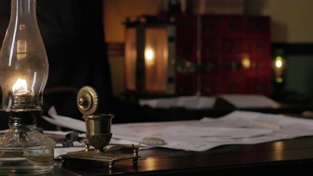 1800s man working in back of lamp lit cluttered desk being the focus