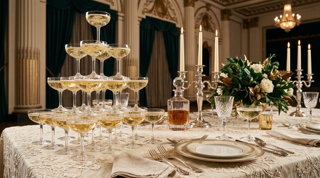 Opulent Champagne Tower on Formal Dining Table in Grand Ballroom, Elegant Celebration with Candles and Flowers, Luxury Wedding Gala and High-End Social Event Background