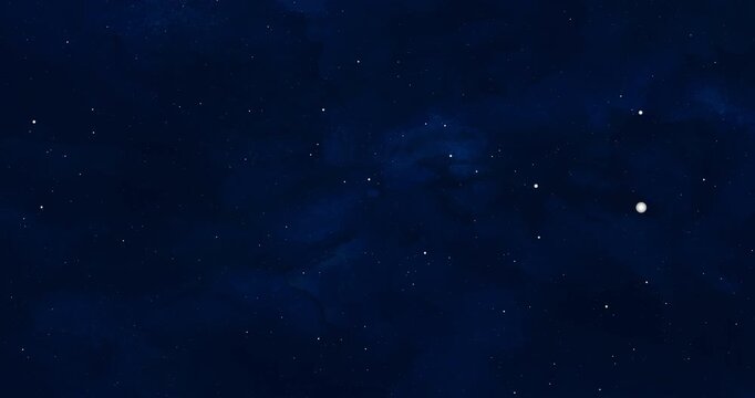 Flying through blue space nebula and stars. Realistic footage of stardust sparkling in night sky. Traveling through galaxy and universe. Alpha channel overlay background. Hand animated motion graphics