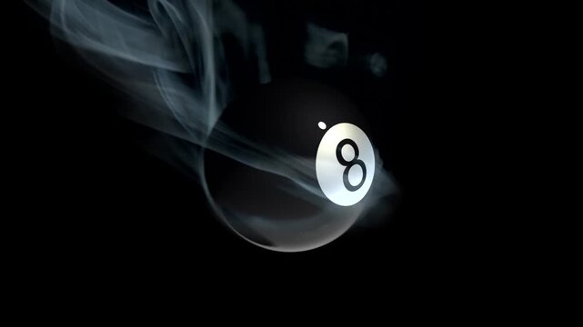Black and white 3D render of glowing billiard eight ball circle symbol on abstract black background