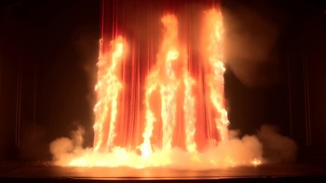 Slow push in zoom of red stage curtain catching fire and being engulfed by flames on theater proscenium stage with smoke rising
