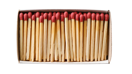 Isolated open box of many wooden matchsticks with striking red tips, ready for lighting © Oisin