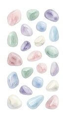 Fototapeta premium Watercolor gemstones and crystals in soft pastel shades of pink, purple, green, and blue isolated on white background. Perfect for wellness, jewelry, and design projects.