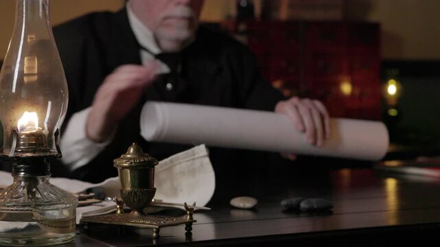 1800s man rolling up some large drawings focus on oil lamp