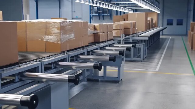 Tracking shot of conveyor carrying cardboard boxes moving along rollers in industrial warehouse distribution center during daytime operations