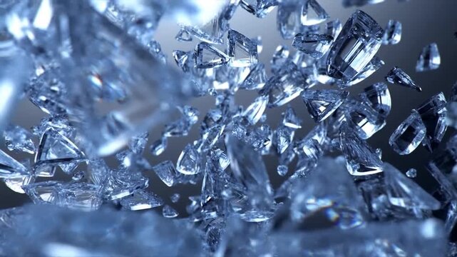 Tracking shot of floating shattered glass fragments spinning and scattering through dark studio space with close up reflective crystal shards