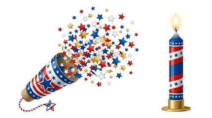Obraz premium Festive firework cracker bursting with red, white, and blue stars alongside a patriotic striped candle on isolated white background, perfect for holiday designs.
