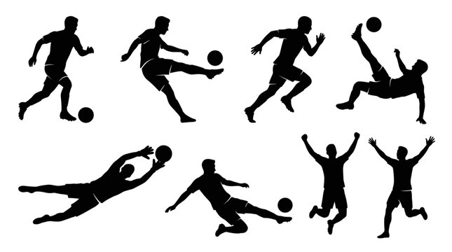 Soccer Silhouette Collection: A dynamic compilation of black silhouettes capturing various action-packed moments of a soccer game, showcasing players dribbling, kicking, jumping, and diving.