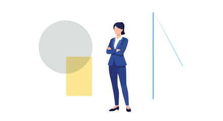 A professional woman in a blue suit stands confidently with crossed arms against a backdrop of abstract geometric shapes and lines. © Violet
