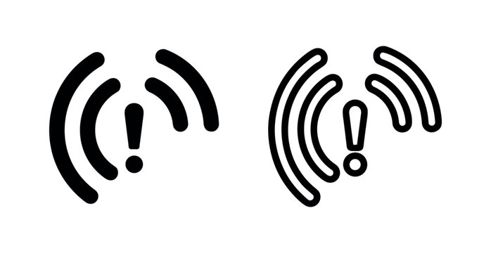 Wifi signal warning icon set with exclamation mark, network error symbol in filled and outline styles
