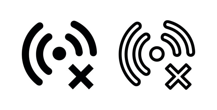 Wifi signal disconnected icon set with cross mark, network error symbol in filled and outline styles
