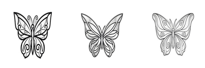 Set and collection of simple black butterfly outline sketch for artistic nature drawing and biological study isolated on white transparent png background © prettyshots