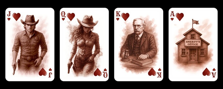 Playing cards set of the suit of hearts for a deck of cards in the Wild West style