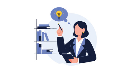 A professional woman stands with a tablet and pen, inspired by a creative idea represented by a glowing lightbulb in a thought bubble near a shelf. © Violet