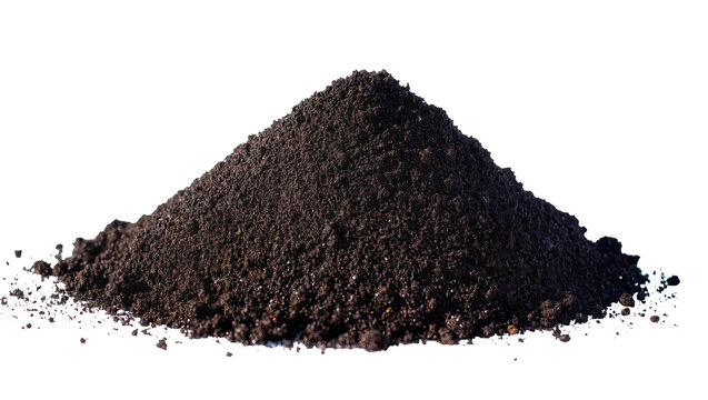Isolated pile of dark, rich, and crumbly earth, perfect for gardening or natural textures.