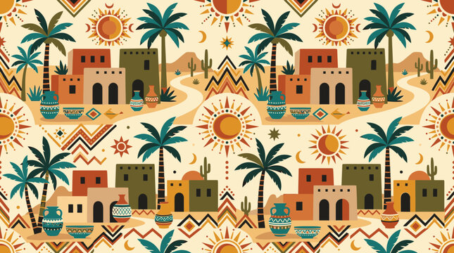 Middle Eastern desert landscape with buildings and palm trees.