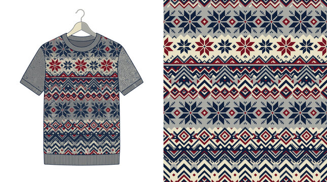 Nordic fair isle pattern on t-shirt and textile swatch.