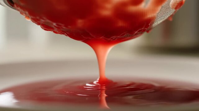 Pouring red liquid through strainer into bowl creating smooth flowing patterns