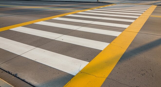 Perspective view of a pedestrian crosswalk with white painted stripes on a clean city road.